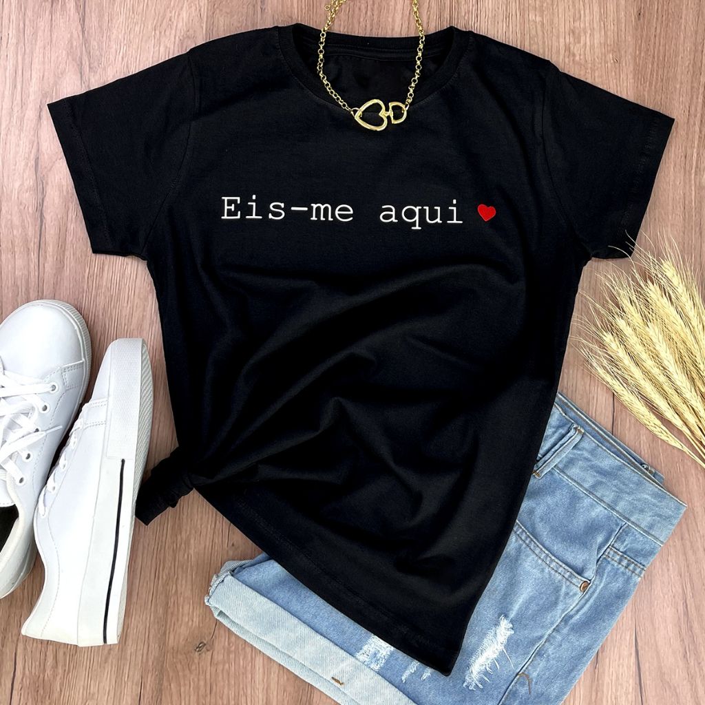 Kit Casal 2 Camisetas Pretas Feminina Masculina Algodão Eis me aqui Evangélica Blusa Camisa