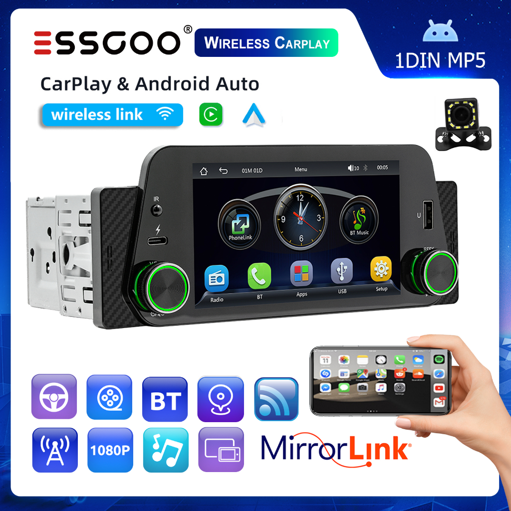 (Envio de São Paulo) ESSGOO Sem Fio Carplay E Android Auto 5 Polegadas1 Din Car Stereo Rádio MP5 Blu