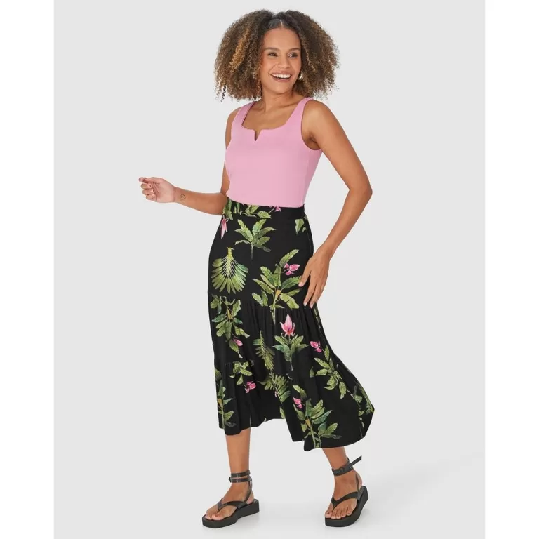 Saia Midi Feminina Marias Estampa Folhagem Em Visc