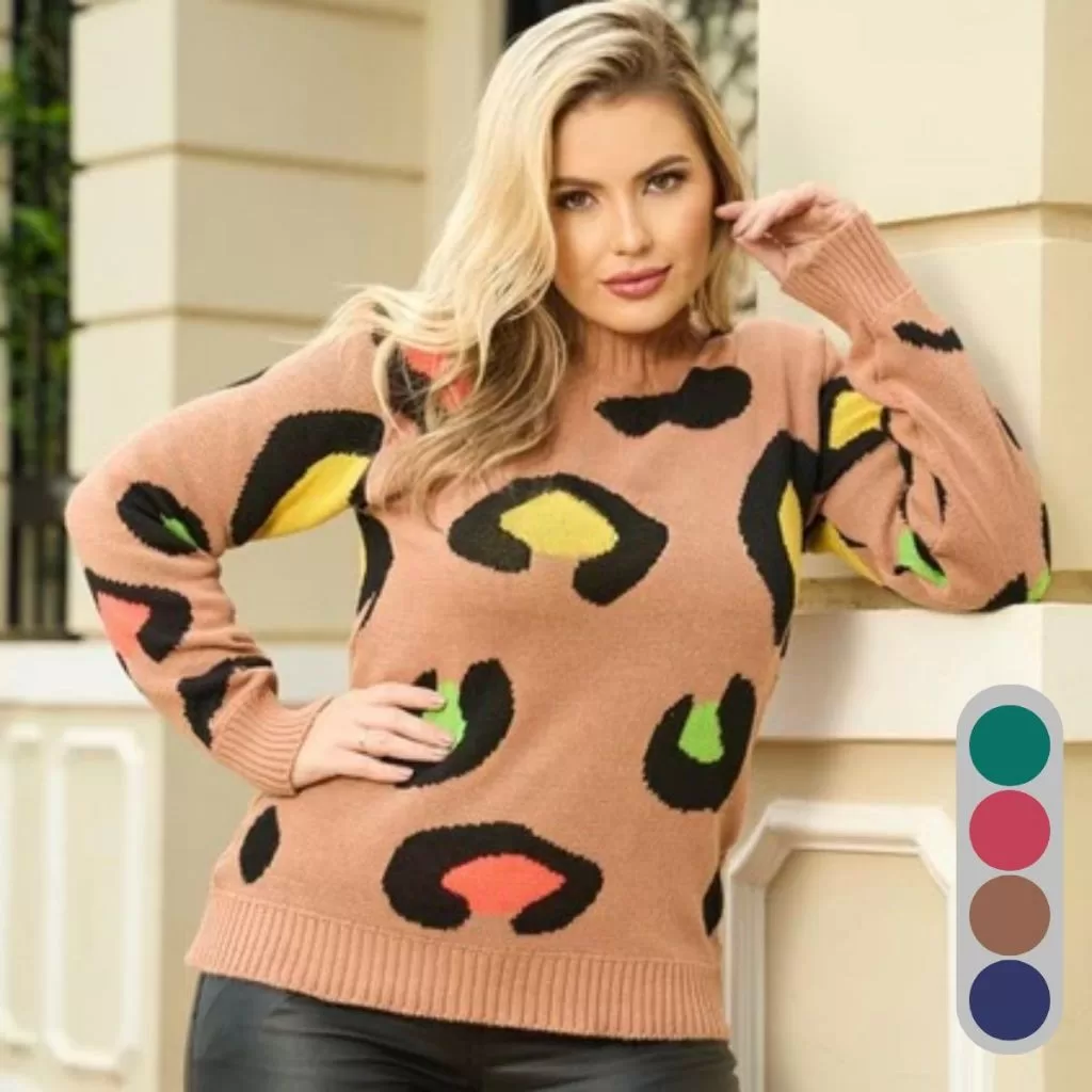 Blusa Feminina Tricot Manga Longa Animal Colors Inverno Casual Básica