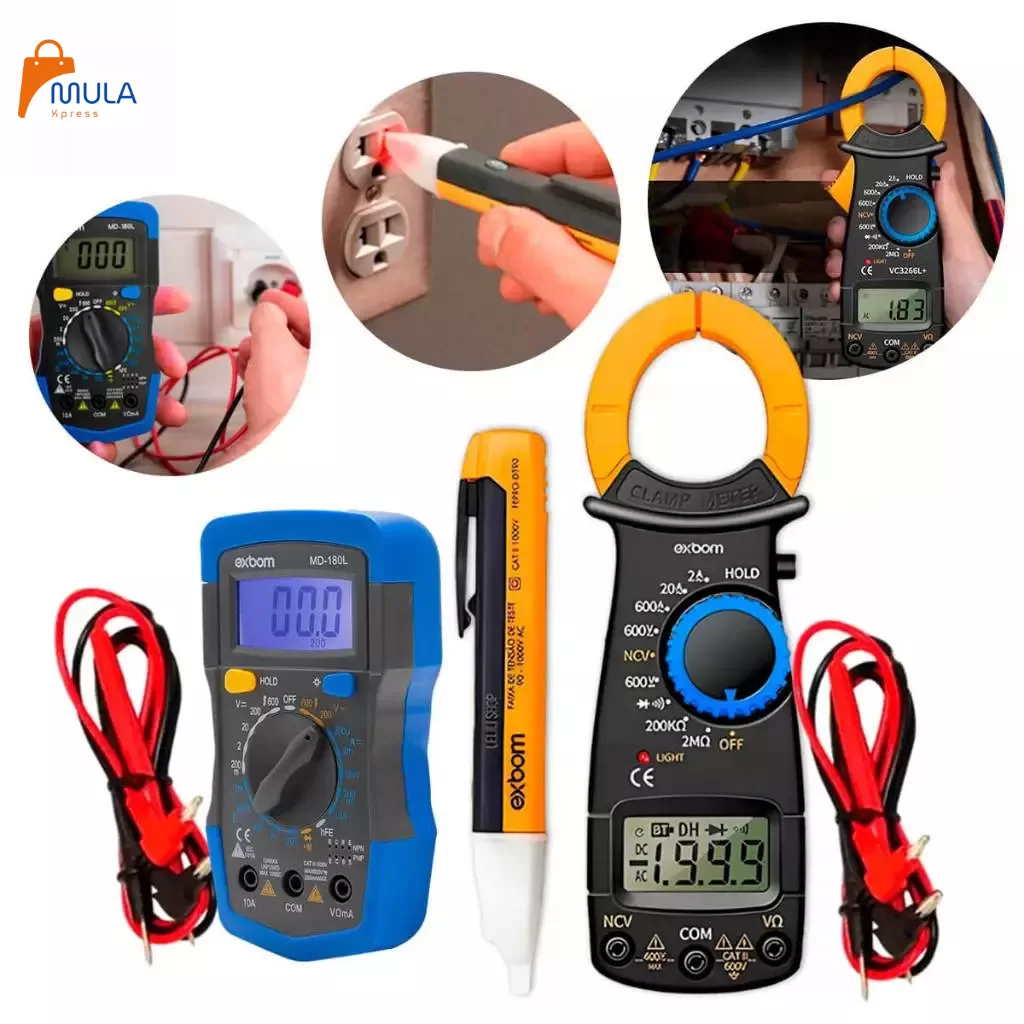 Kit Eletricista Profissional Multímetro Alicate Amperímetro Caneta Detector Tensão – ENVIO IMEDIATO