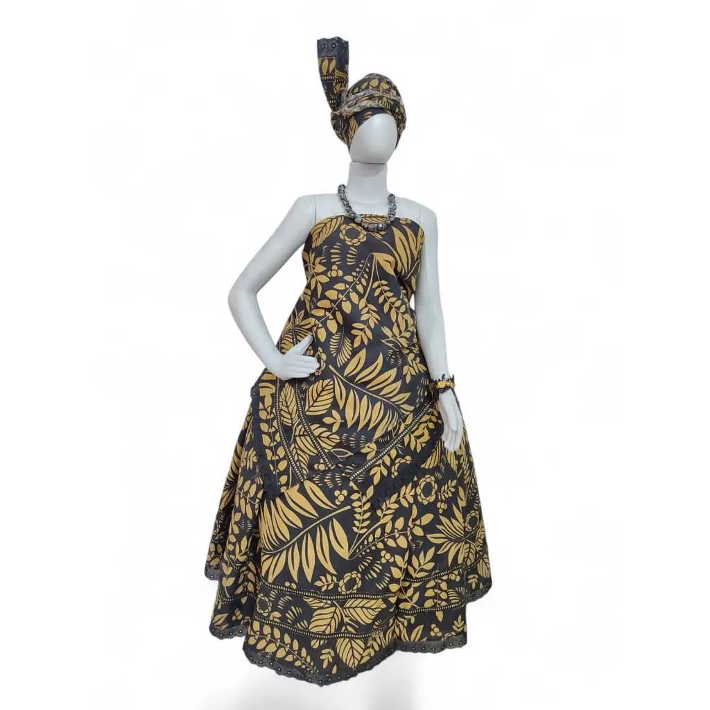ROUPA FEMININA LUXO BAIANA POMBA GIRA 3PÇS ESTAMPADA PRETO E DOURADO UMBANDA CANDOMBLÉ