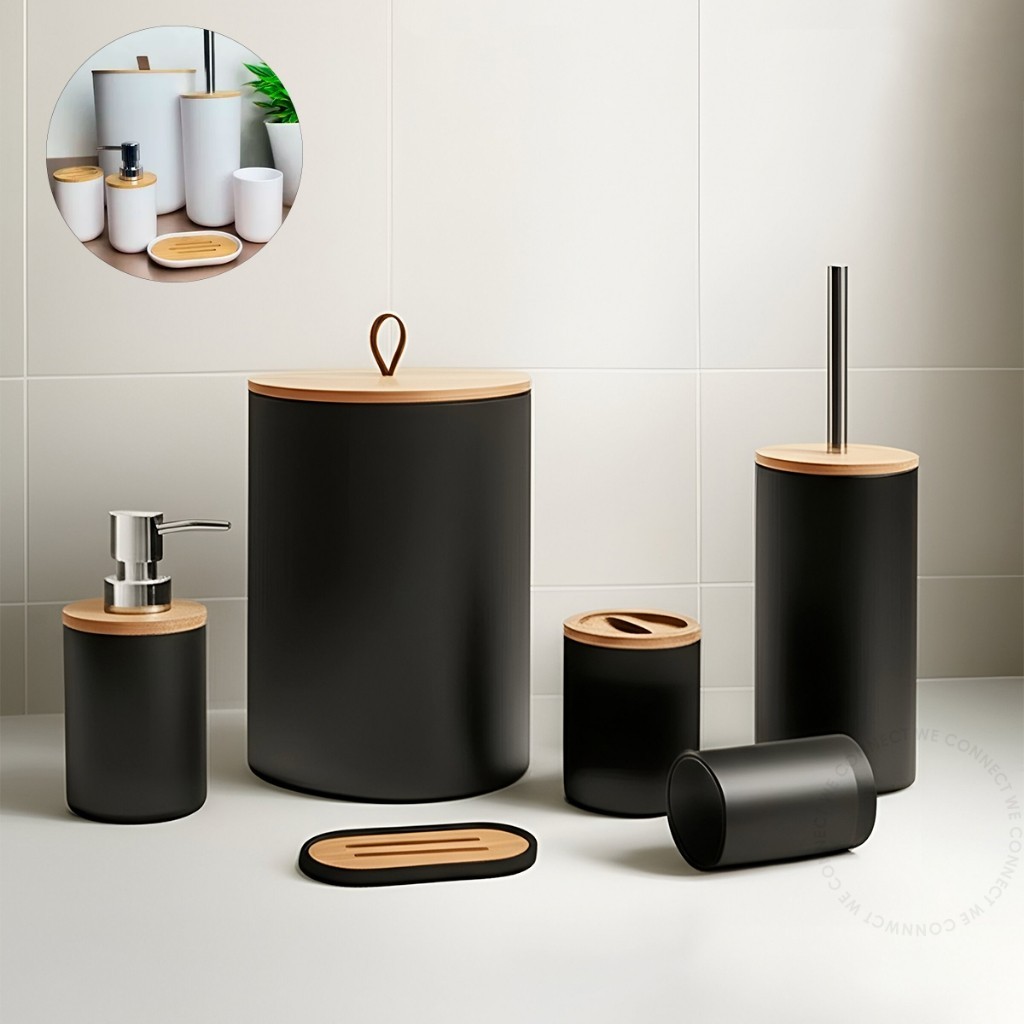 Kit Banheiro 6 Peças Conjunto Completo Lixeira Bambu Moderno Lavabo Escova Sanitária