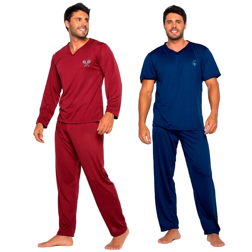 Kit Pijamas Masculinos Lisos Manga Curta e Manga Longa Trajes de Inverno Confortáveis