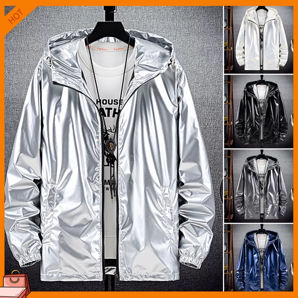 [EDR] Casaco Com Capuz Masculino Zíper De Superfície Brilhante Sólida À Prova Dágua Elástico De Outo