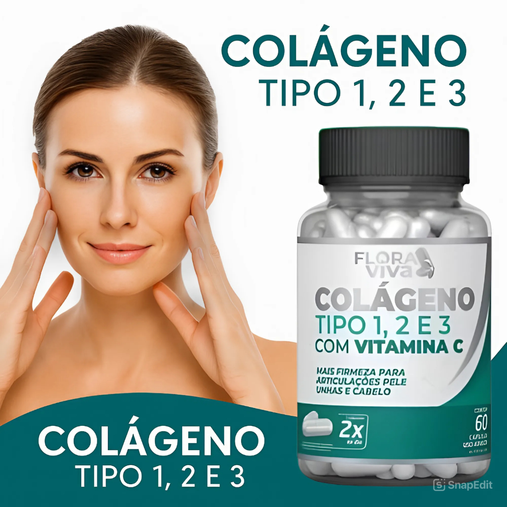 Colágeno Tipo 1, 2 e 3 com Vitamina C – 60 Cápsulas | Articulações, Pele e Cabelos | Flora Viva