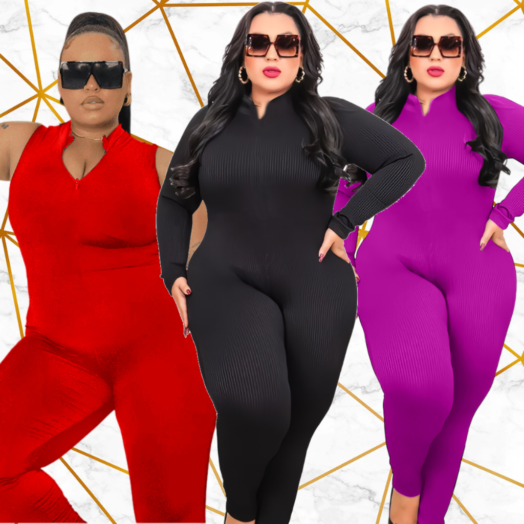 Macacão Virgínia Plus Size  Manga Longa Curta Regata Gola Alta Zíper Frontal Luxo Anarruga 2026