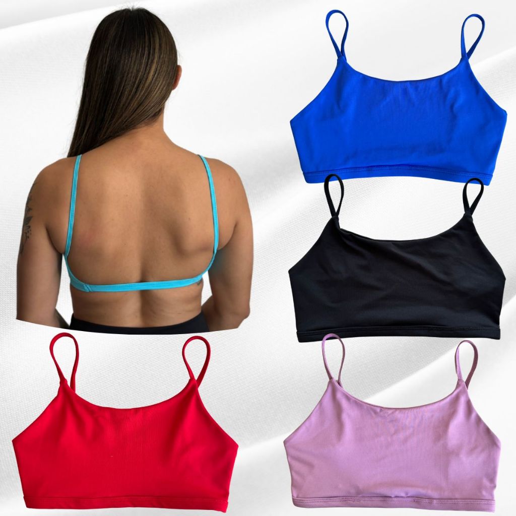 Top Academia Fitness Duplo Poliamida Costas Nua  Alça Fina Com Elástico Na Barra