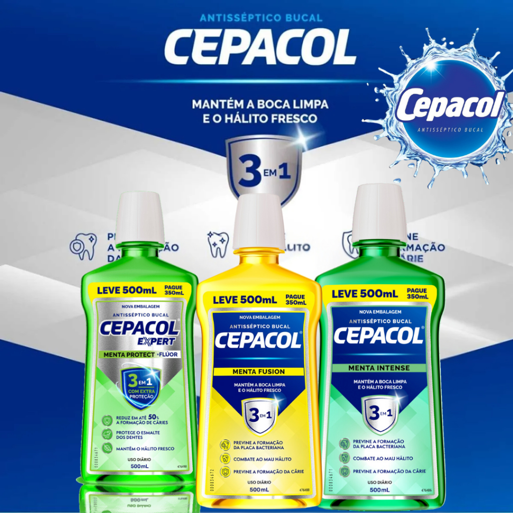 Enxaguante Bucal Cepacol 3 em 1 Leve 500mL Pague 350mL Uso Diario