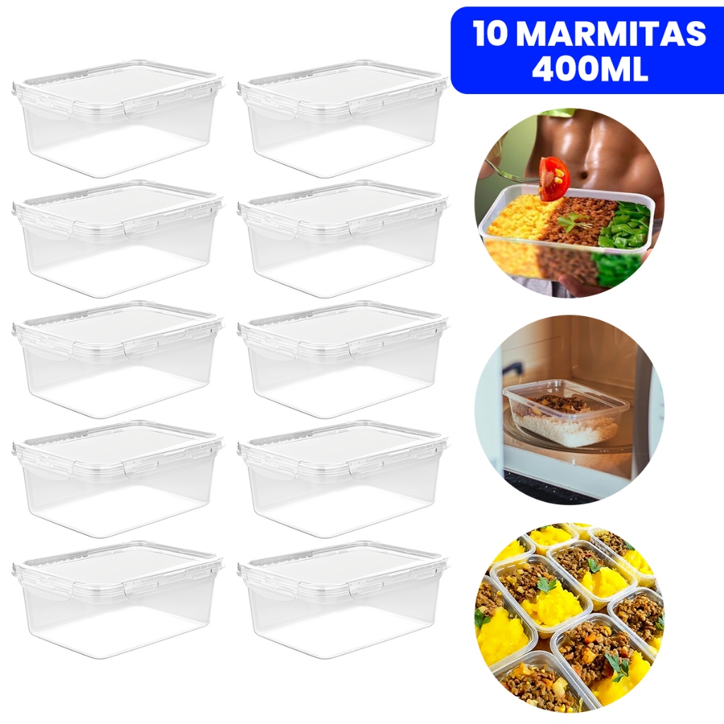 Kit 10 Potes Marmita Fit 400ML Retangular Com Tampa 4 Travas Jogo de Potes Livres de BPA