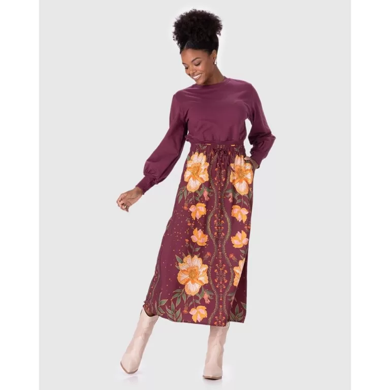 Saia Midi Feminina Estampada Bolso Lateral Em Visc