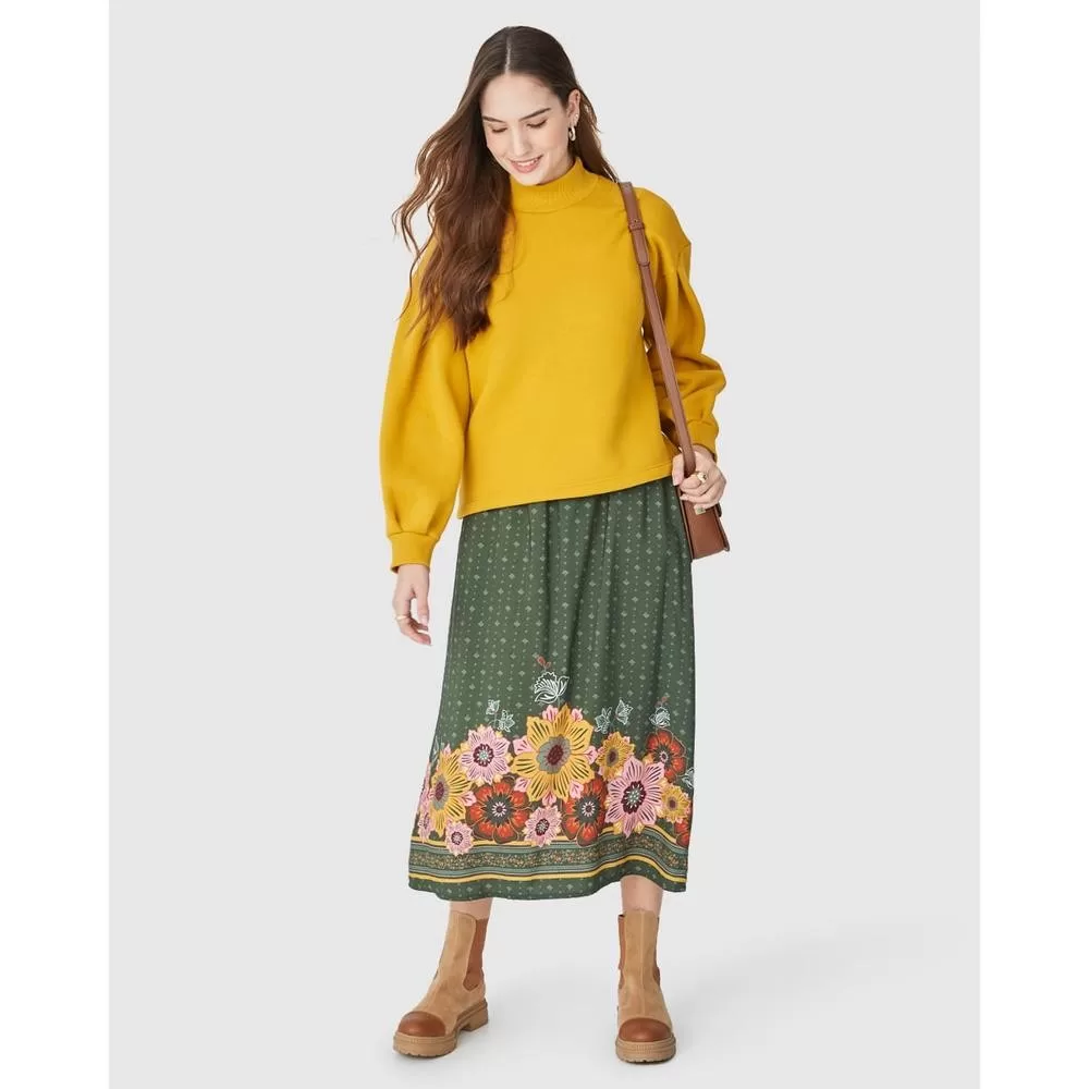 Saia Midi Feminina Estampada Bolso Lateral Em Viscose