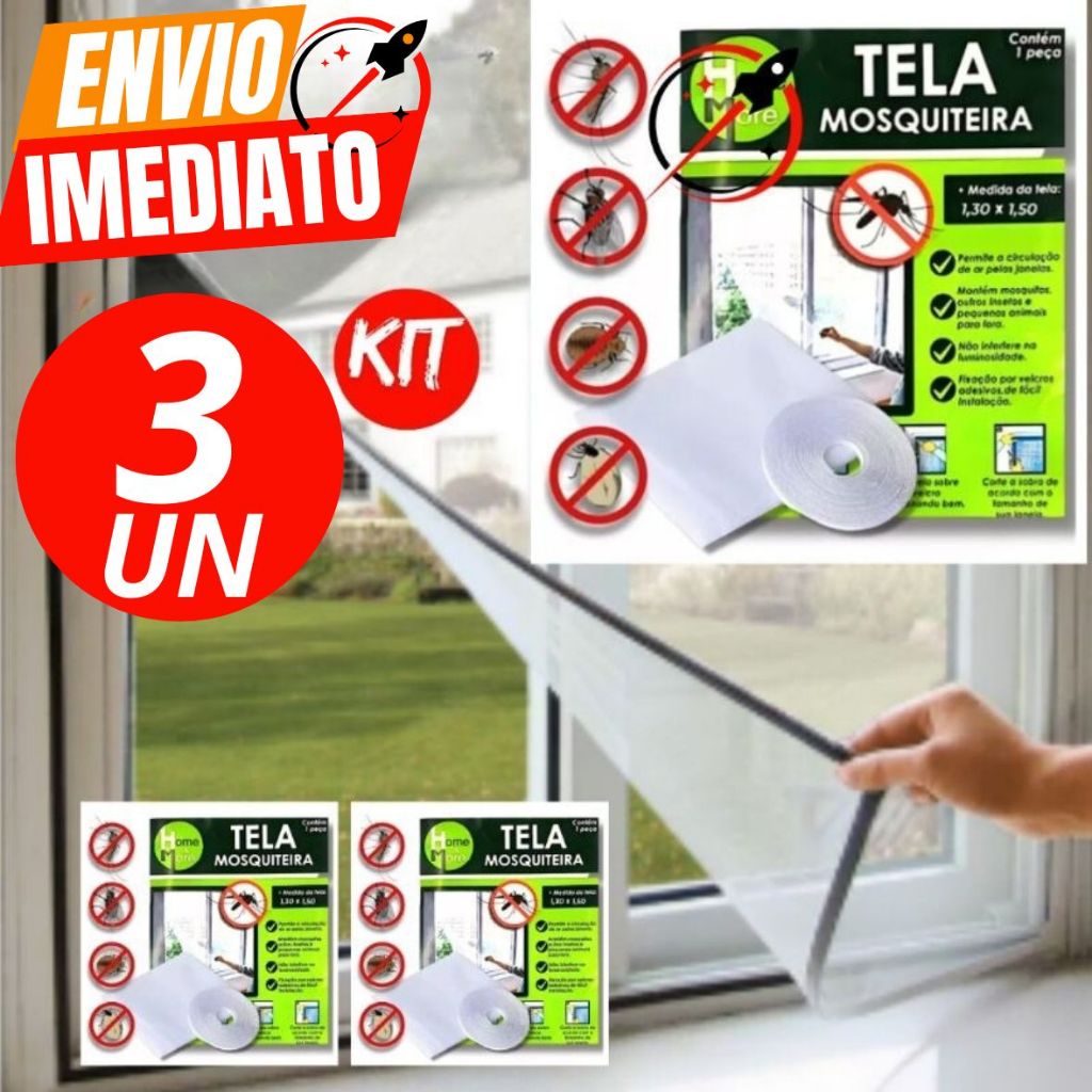 Kit Com 3 Tela Mosquiteiro 1,50 X 1,30 Anti Insetos Mosquitos Dengue Pernilongos Velcro Prático Casa