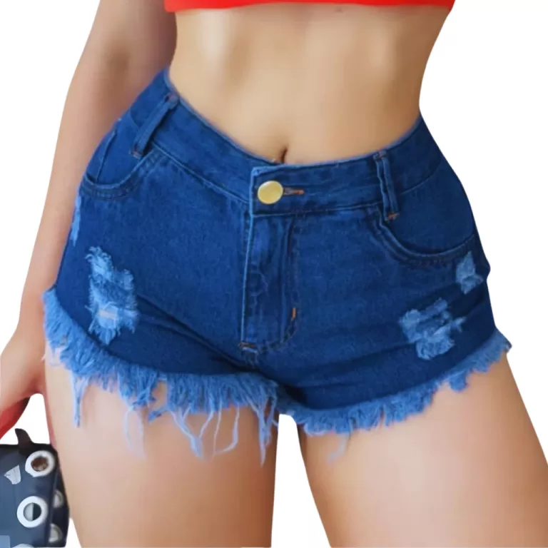 Short Jeans Feminino Escuro Cintura Alta Botão Do