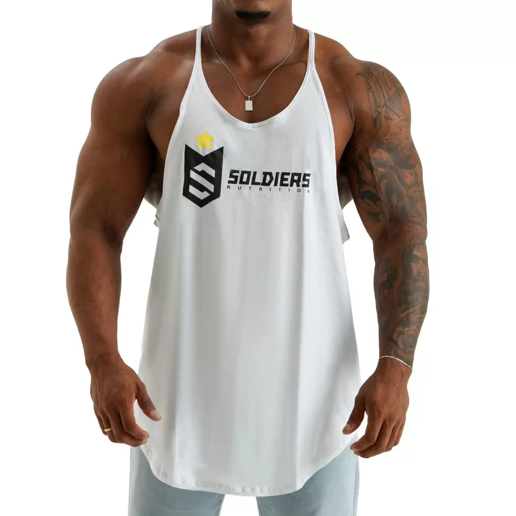 Regata Machão Masculina Branca Soldiers Nutrition c Logo Roupas Fitness Maromba Academia Soldiers Nu