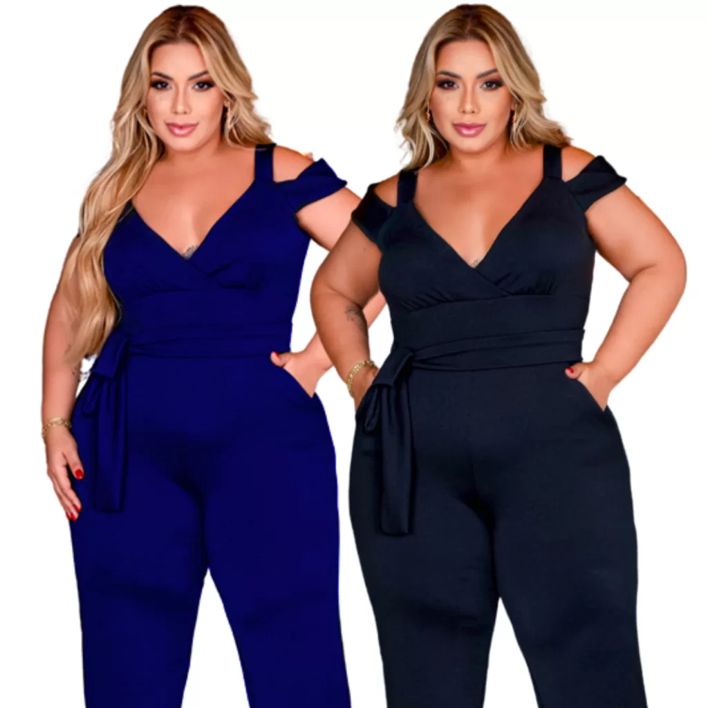Kit 2 Macacão Feminino Longo Plus Size Pantalona Transpassado Faixa Confortável e Forro Duplo GG/G4