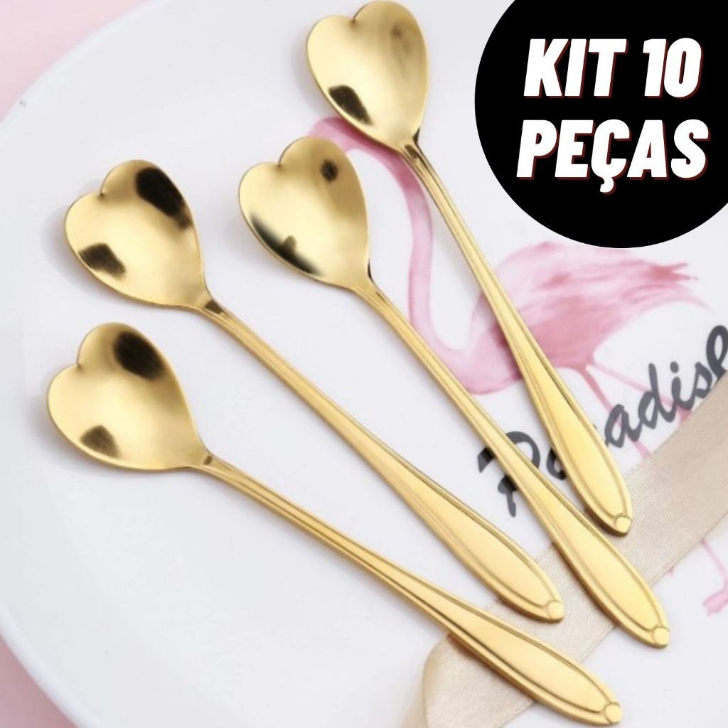 Kit 5 Colheres Coração Fofa para Cozinha Mesa Posta Douradas Café Sobremesa Chá Aço Inoxidável