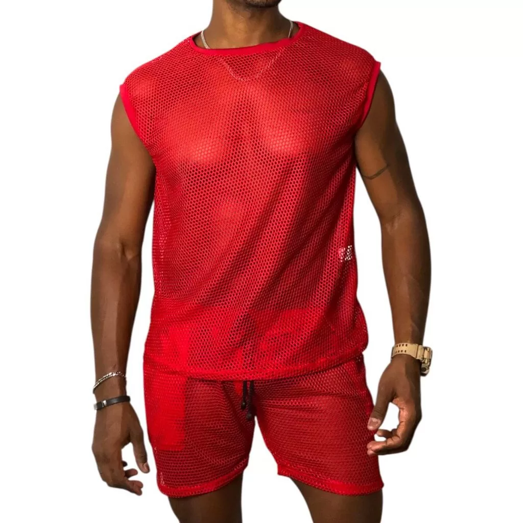Conjunto Masculino Tecido Arrastão | Regata Transparente + Shorts | Look Verão Praia Balada Fitness