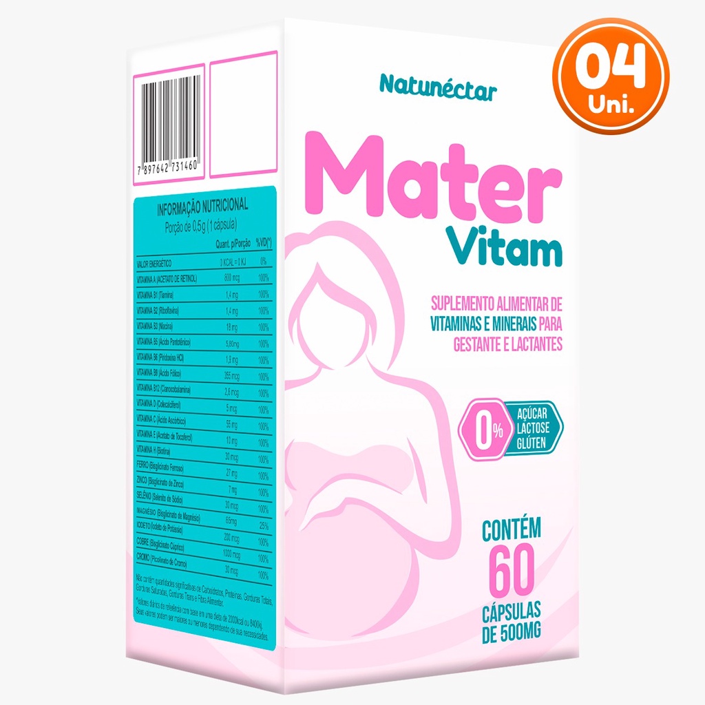 KIT 4 Mater Vitam 60 cápsulas Vitamina Gestantes Mamães Lactantes Mãe