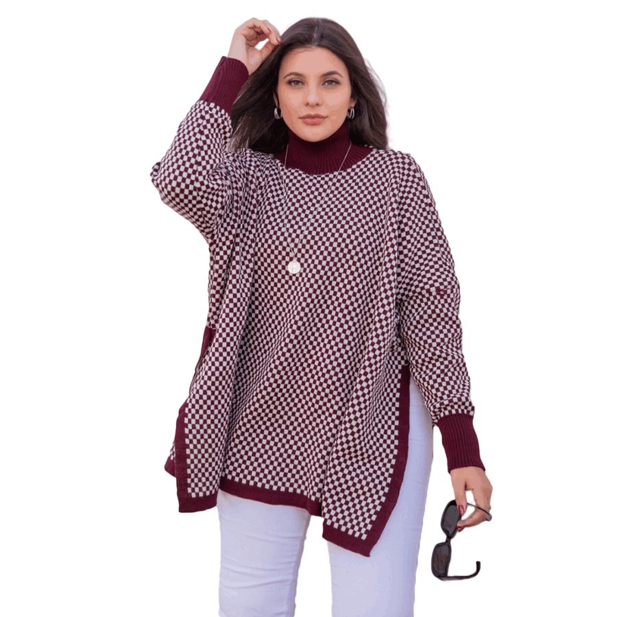 Trico Feminino Moda Outono Inverno Poncho Xadrez