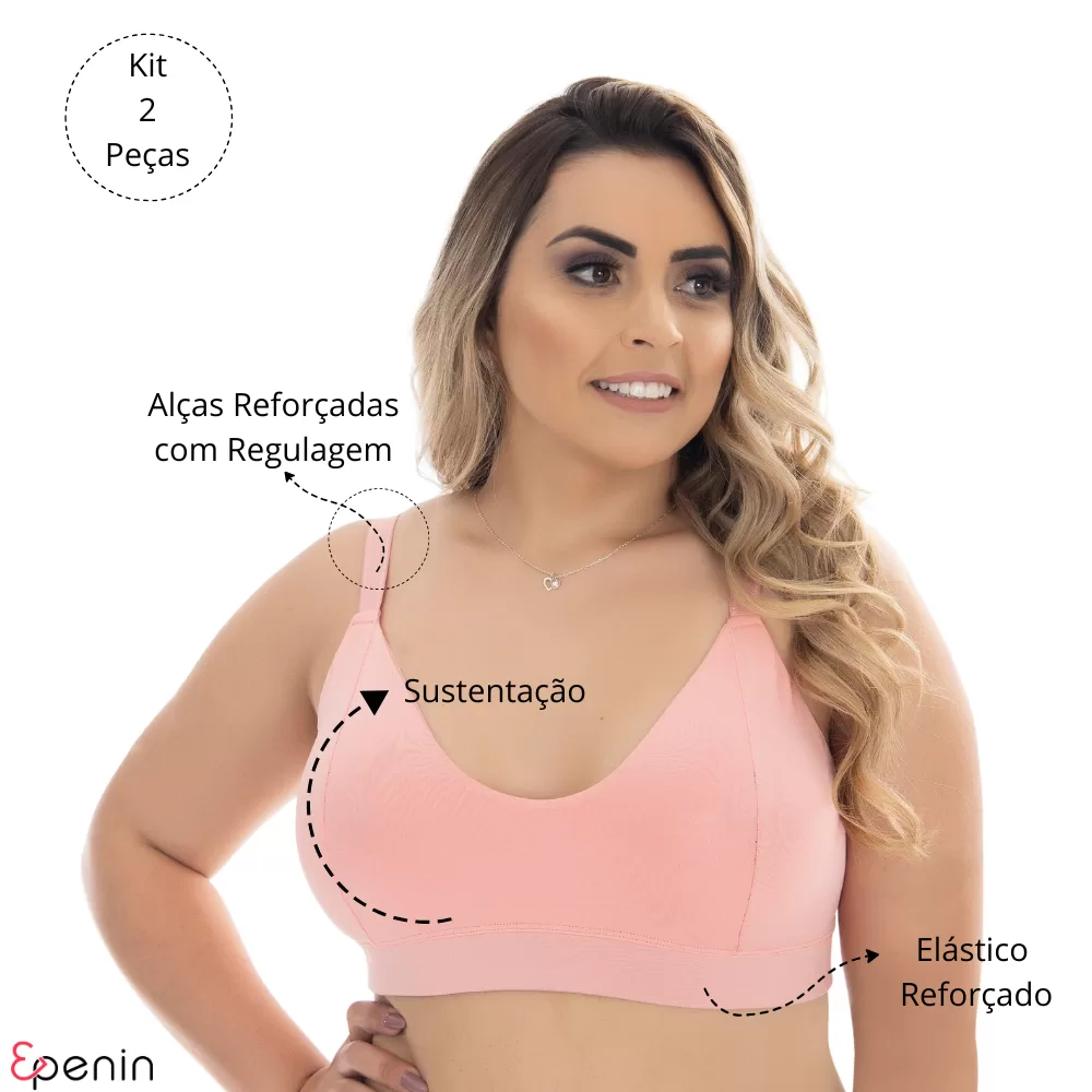 Kit 2 Sutiã Plus Size Reforçado Sem Bojo Soutien Confortável Alça Reforçada Sustentação lingerie Fem