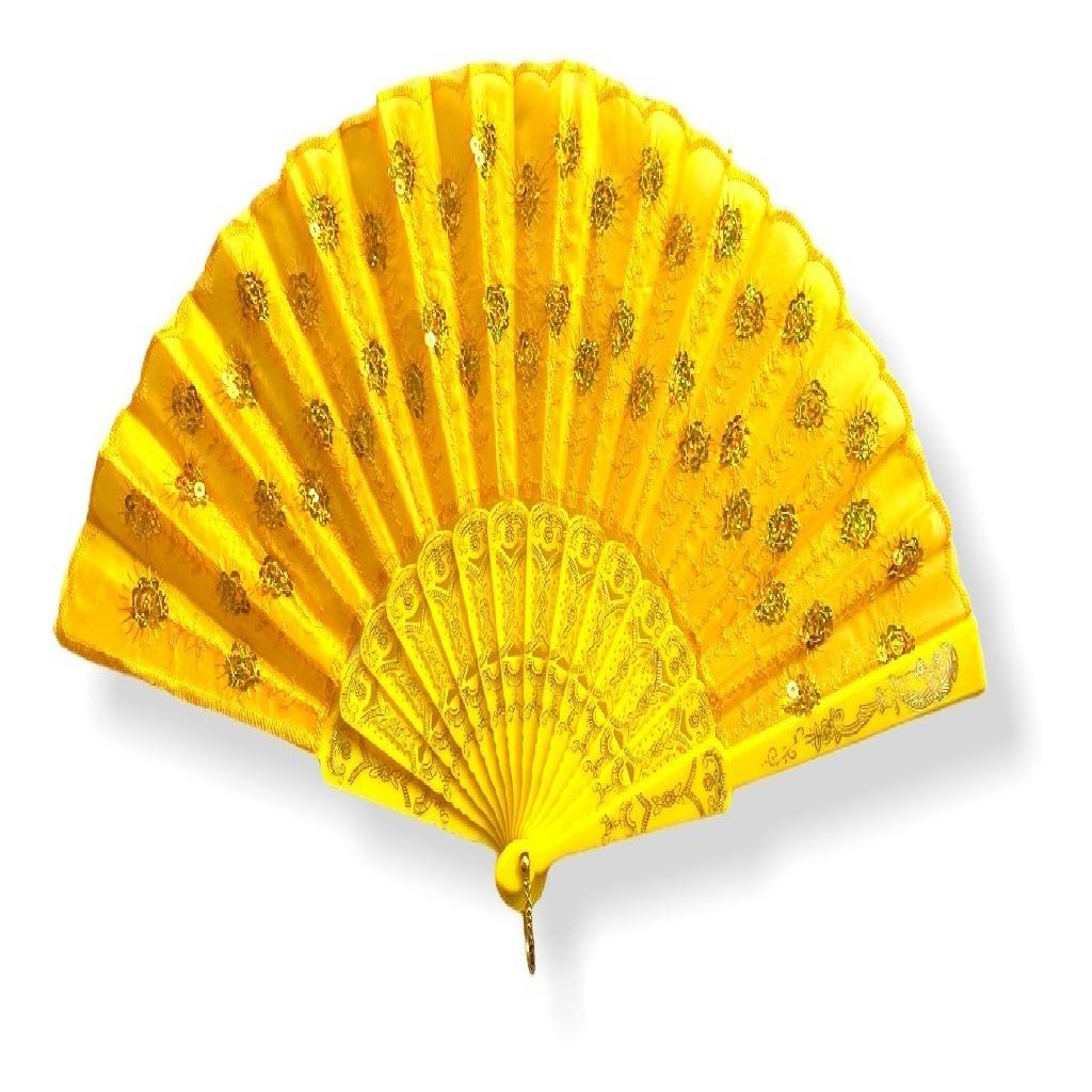 Leque Bordado Paetê Luxo Amarelo Pomba Gira Cigana