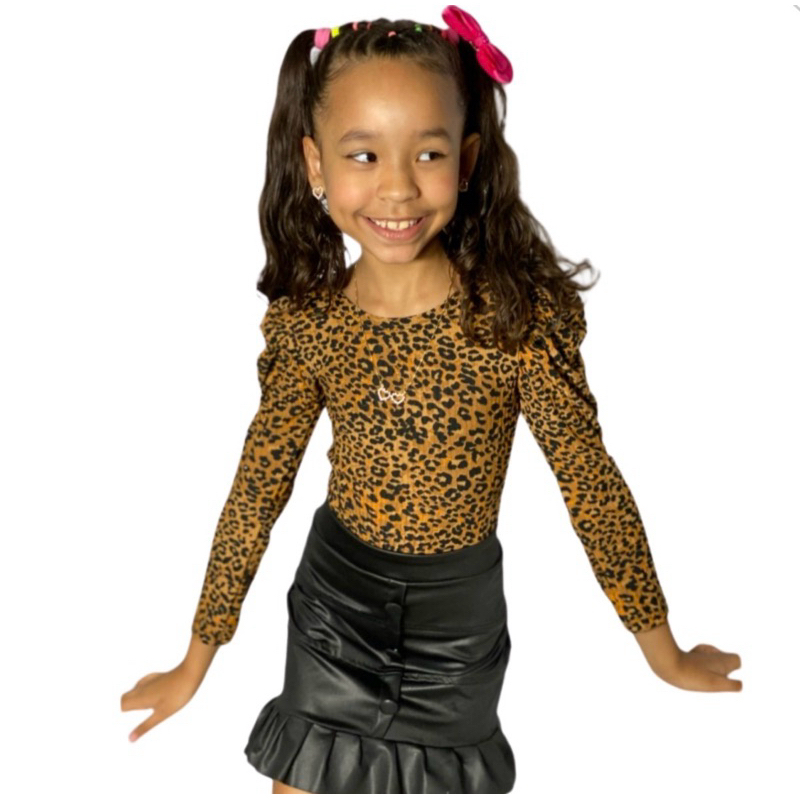 Conjunto Infantil Bory Onça Canelado + Saia Cirrê de Botão Oncinha Manga Longa