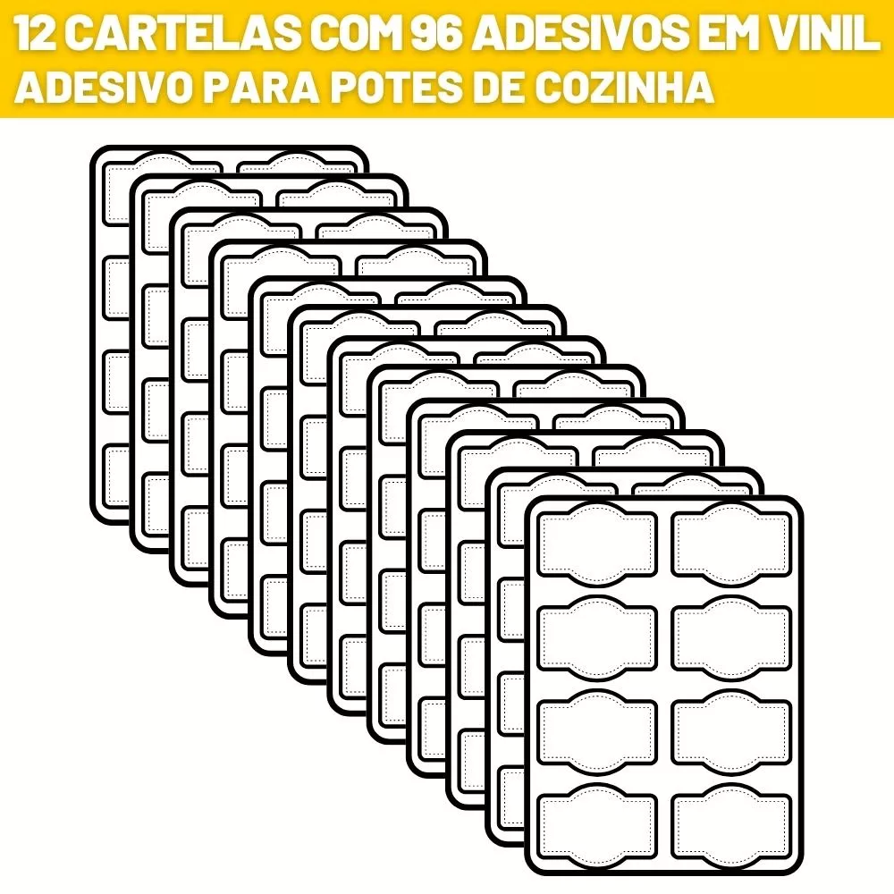 Kit 12 Cartelas com 96 Etiquetas 6 x 4 cm Adesivo Resistente para Condimentos Temperos Potes Cozinha