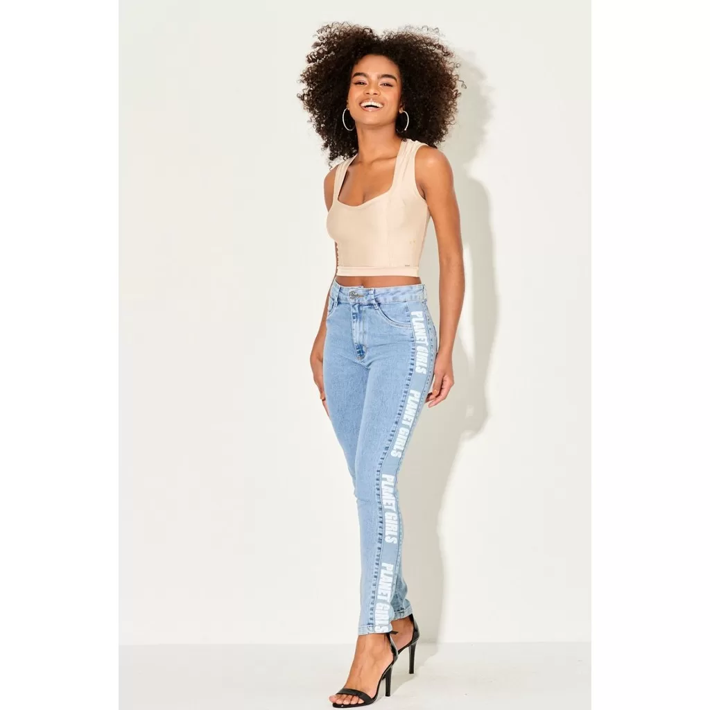 Calça Jeans Feminina Skinny Logo Lateral Planet Girls Jeans Claro