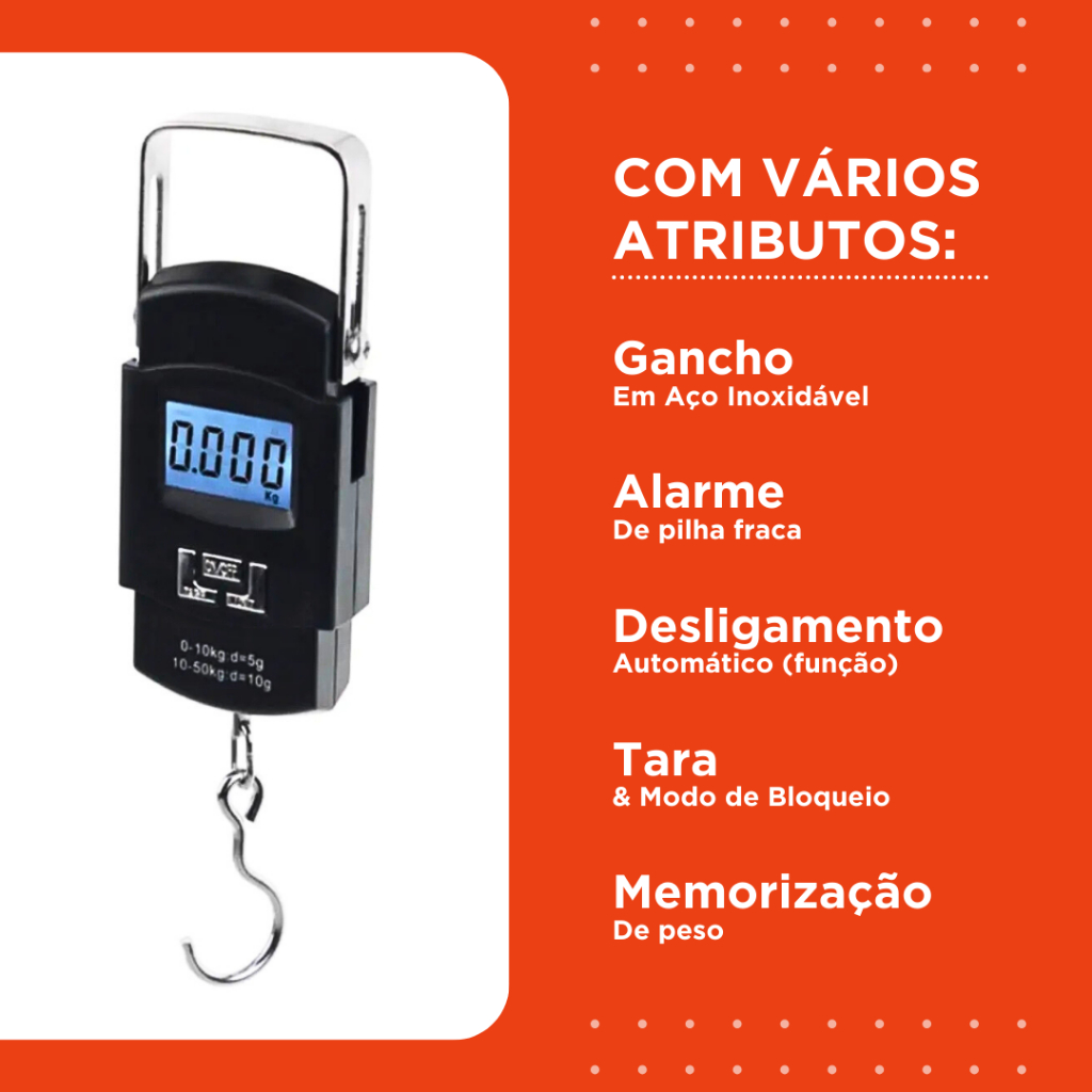 Balança De Mão Digital 50 KG com Pilhas –  Para Bagagem Bolsa e Pesca – Mazzal