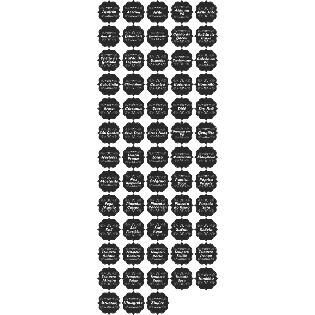 CARTELA TEMPERO 63 ETIQUETAS ADESIVO AUTO COLANTE ROTULO 5X5 CM A PROVA DE AGUA PARA POTES RECIPIENT