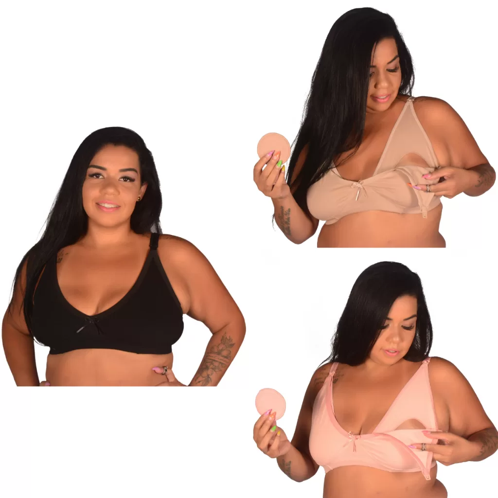 Kit com 3 Sutiãs de Amamentação PLUS SIZE Reforçado Algodão sem Bojo – Soutien Pós Parto Grávida Sus