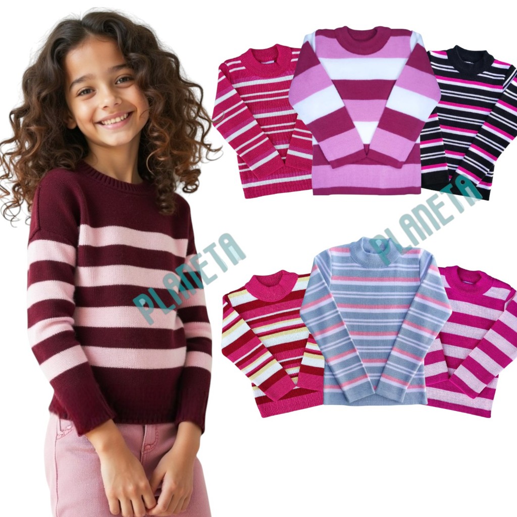 Kit 2 Blusas de Tricot Lã Infantil Juvenil Feminina Inverno Tamanhos 2 a 16