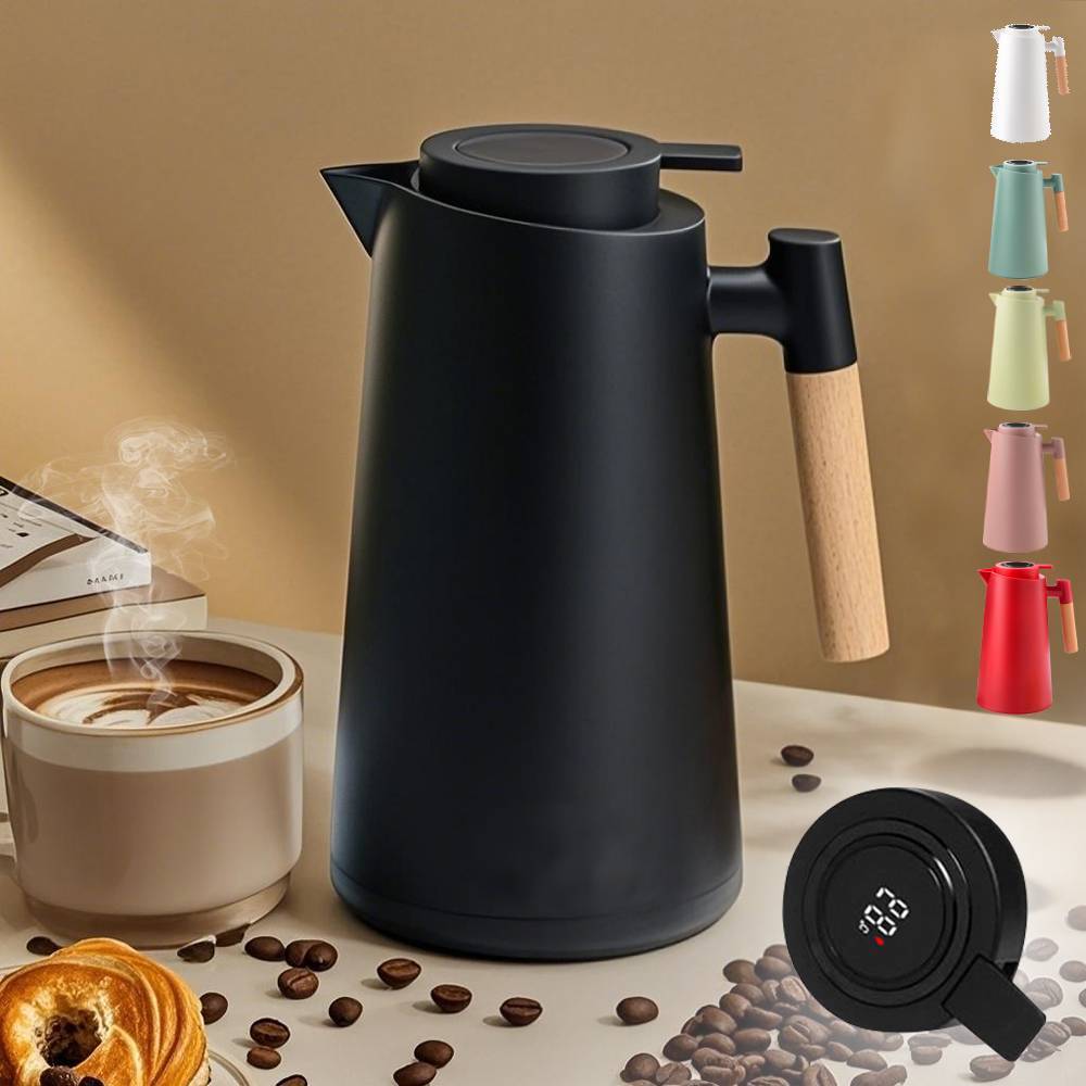 Garrafa Térmica  de água 1 Litro Com Termômetro Led Para Chás / Café Design Moderno Cabo De Madeira