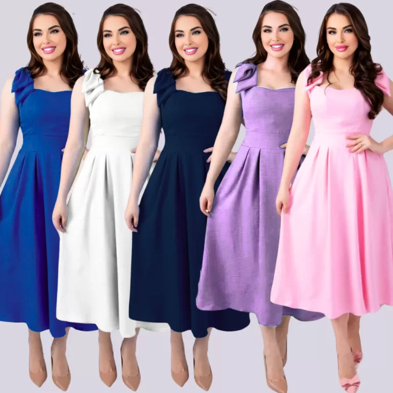 Vestido Elegante Alça Laço Ombro Longo Midi Fest