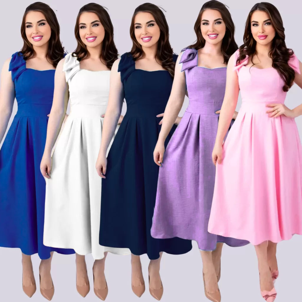 Vestido Elegante Alça Laço Ombro Longo Midi Festa Casamento Civil Moda Evangélica Casual Alfaiataria