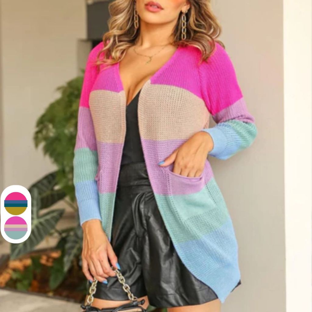 Cardigan Feminino Tricot Aberto Com Bolso Casual Básico Inverno