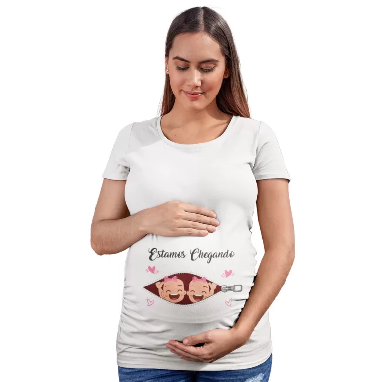 Camiseta Bata Gestante Gemêas Estamos Chegando &#