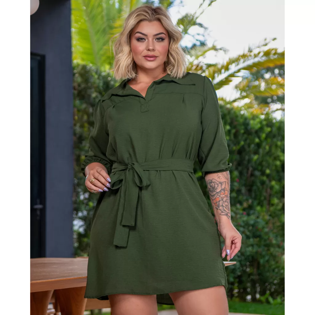 Vestido Feminino Chemise Plus Size Manga 3/4 com Faixa- Moda Casual em Crepe Duna Tamanhos 42 ao 54