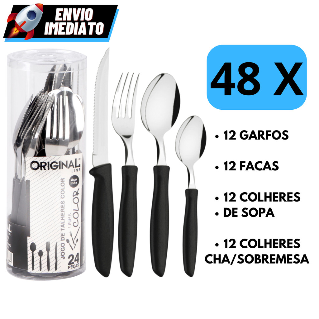 Kit 16/24/48 Talheres Preto Inox Premium Cabo Plástico Faca  Garfo  Colher Colher Sobremesa/Cha