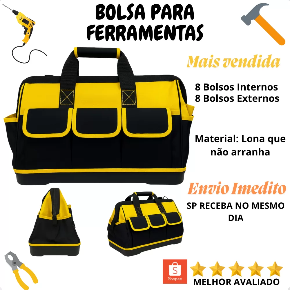 Bolsa Para Ferramentas Mala Eletricista 16 Divisões Pedreiro Instalador Fundo Reforçado