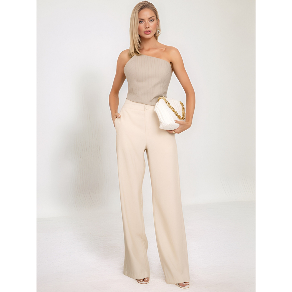 Conjunto Feminino Alfaiataria Cropped Calça Pantalona Elegante Listra Fio Tinto