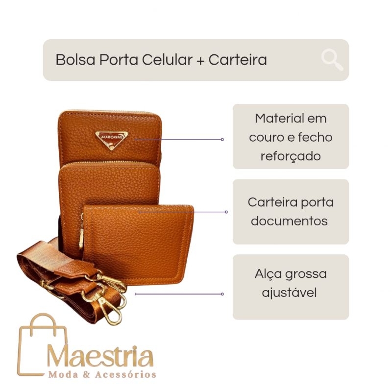 Bolsa Porta Celular com 3 Divisões, Alça Larga e Carteira