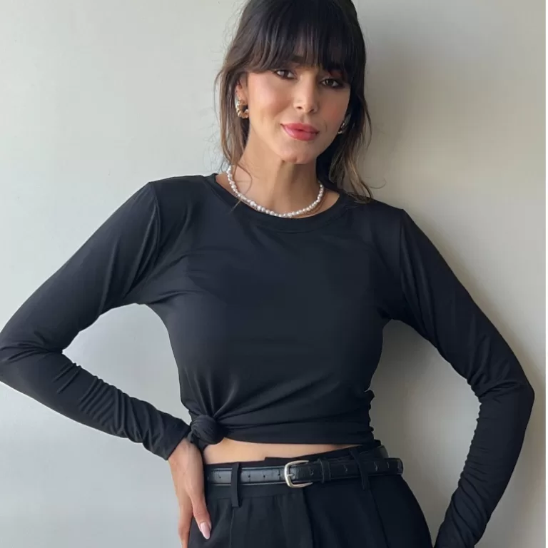 Tshirt Manga Longa Preto Blusa Básica Feminina Ca