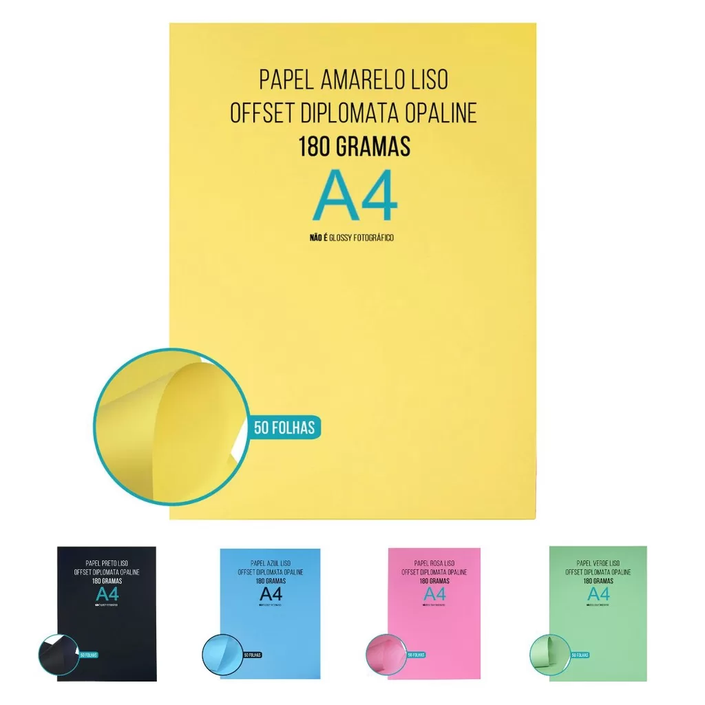 Papel Diplomata Opaline Offset Liso 180g A4 Massa Colorida Tipo Ofício 60kg Pacote com 50 folhas