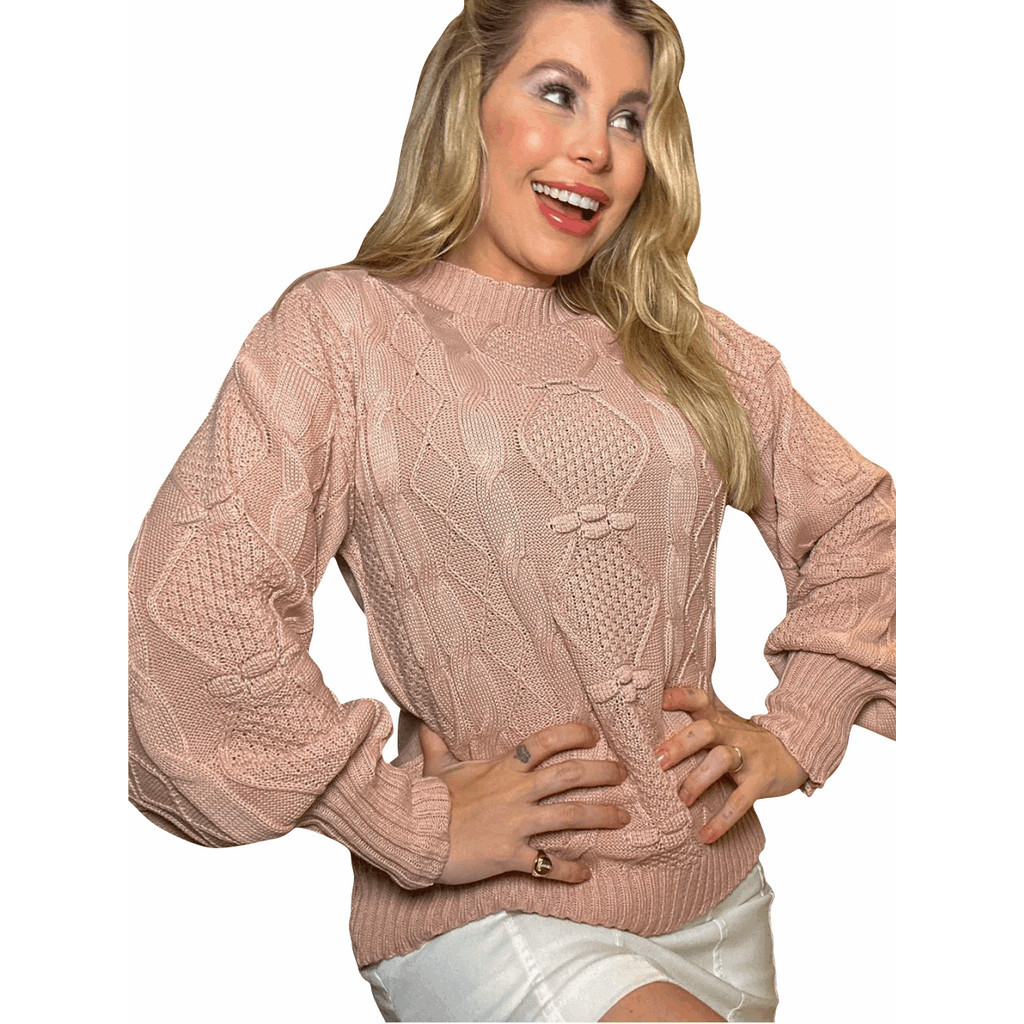 Blusa Feminina Moda Blogueira Trico Grosso Manga Longa Frio