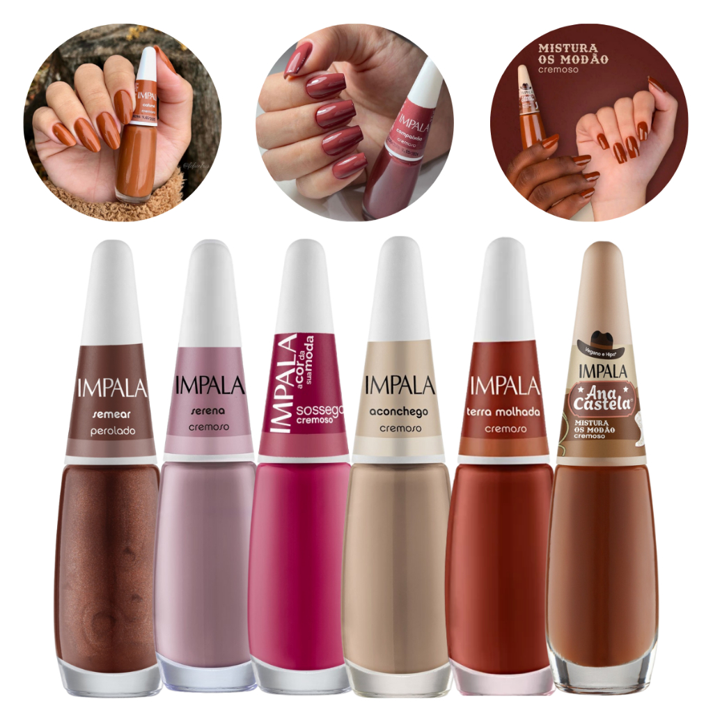 Kit 6 Esmaltes Impala Marrom Cor da moda Tendencia Mais Vendidos Manicure Lançamento Ana Castela