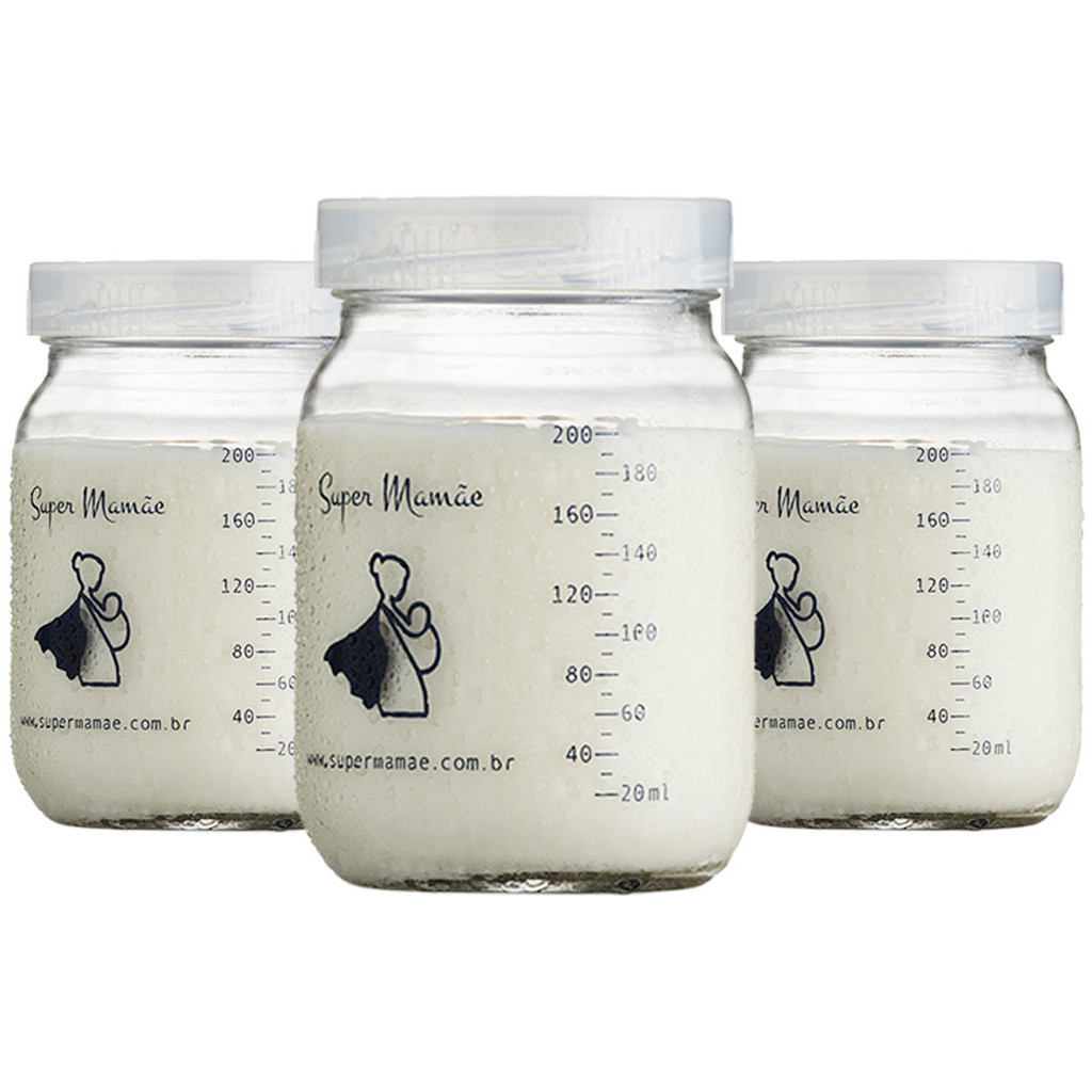 Kit 3 Potes Leite Materno 200ml Vidro BPA Free Armazenar Congelar Amamentação