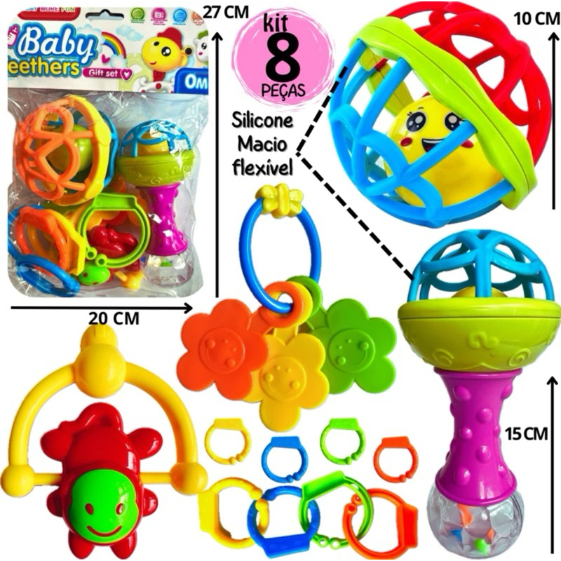 Kit Brinquedo Bebe Chocalho Mordedor Silicone Macio Bola Colorida 8 Peça Presente Para Menina e Meni