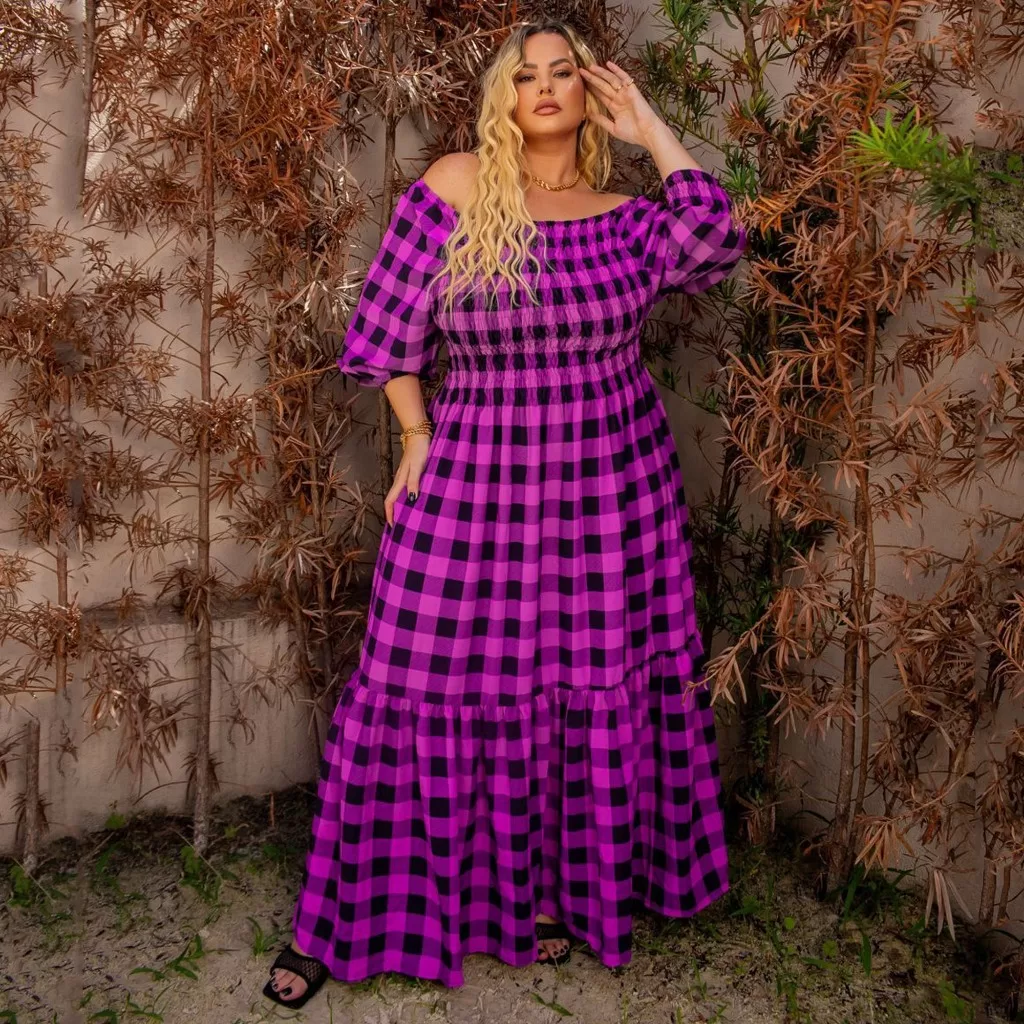Vestido Longo Xadrez Feminino Plus Size Modelo Ciganinha Manga Longa Tendência